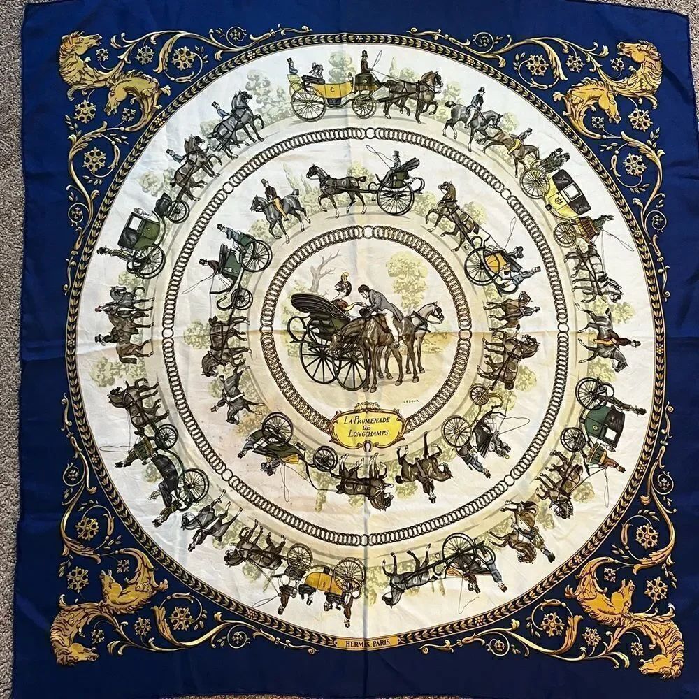 AUTH HERME SCARF, 100% SILK- La Promenade De Longchamps